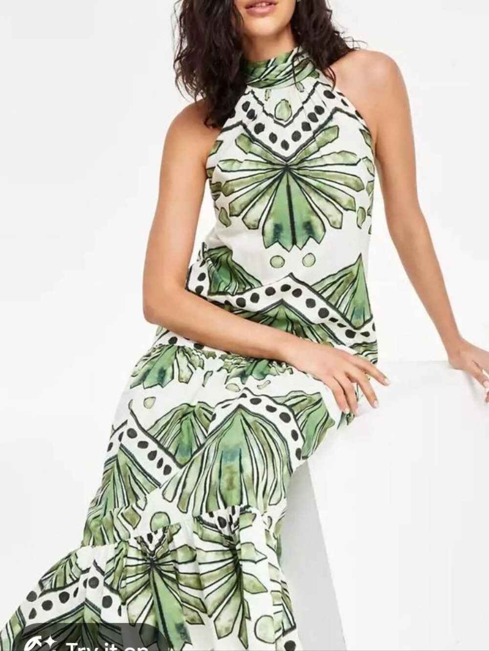 MSK Green and White Halter Maxi Dress